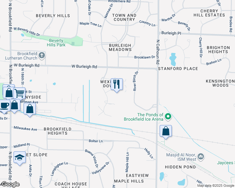 map of restaurants, bars, coffee shops, grocery stores, and more near 17645 Prince George Court in Brookfield