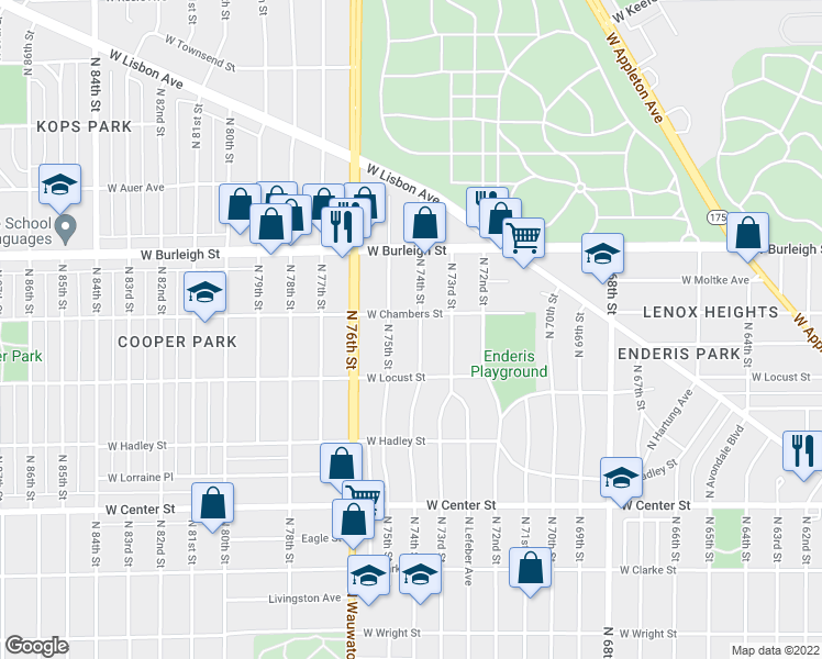 map of restaurants, bars, coffee shops, grocery stores, and more near 2961 North 74th Street in Milwaukee