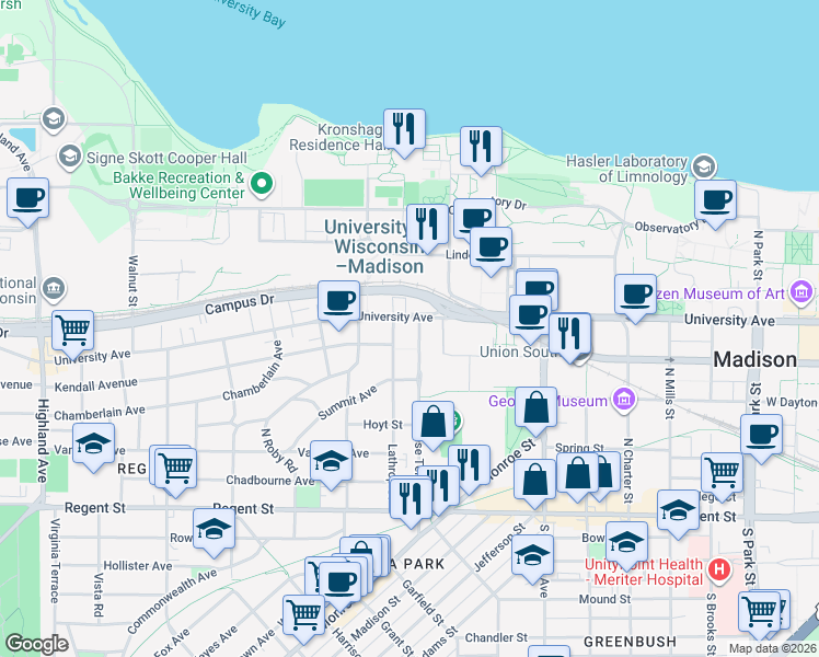 map of restaurants, bars, coffee shops, grocery stores, and more near 318 North Breese Terrace in Madison