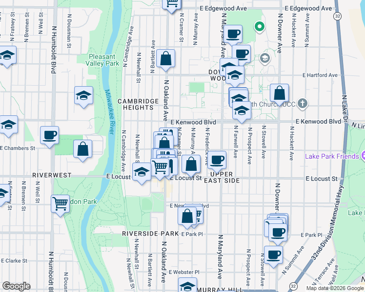 map of restaurants, bars, coffee shops, grocery stores, and more near 2966 North Cramer Street in Milwaukee