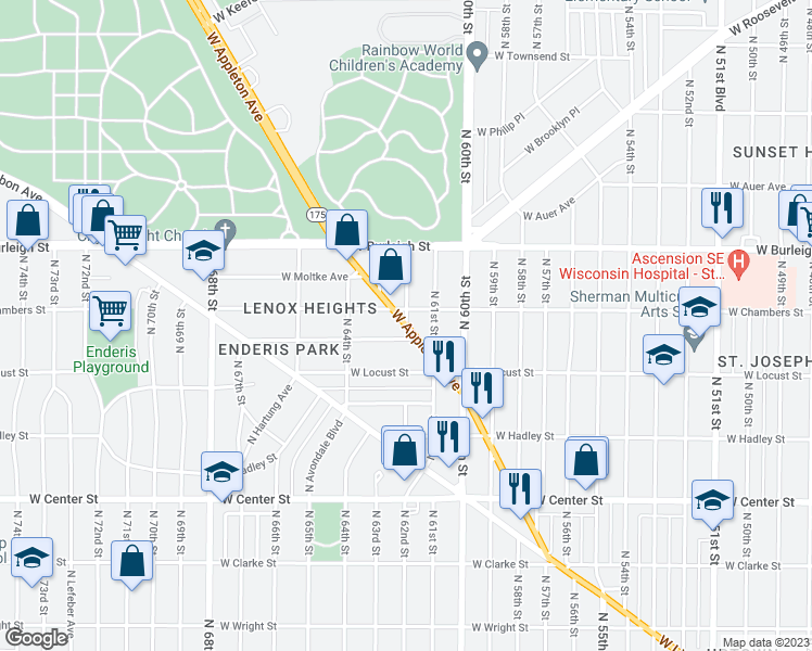 map of restaurants, bars, coffee shops, grocery stores, and more near W Appleton Ave & N 62nd St in Milwaukee