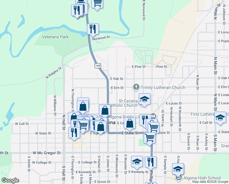 map of restaurants, bars, coffee shops, grocery stores, and more near 400-598 North Minnesota Street in Algona