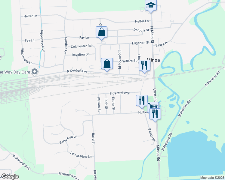 map of restaurants, bars, coffee shops, grocery stores, and more near 216 South Central Avenue in Minoa