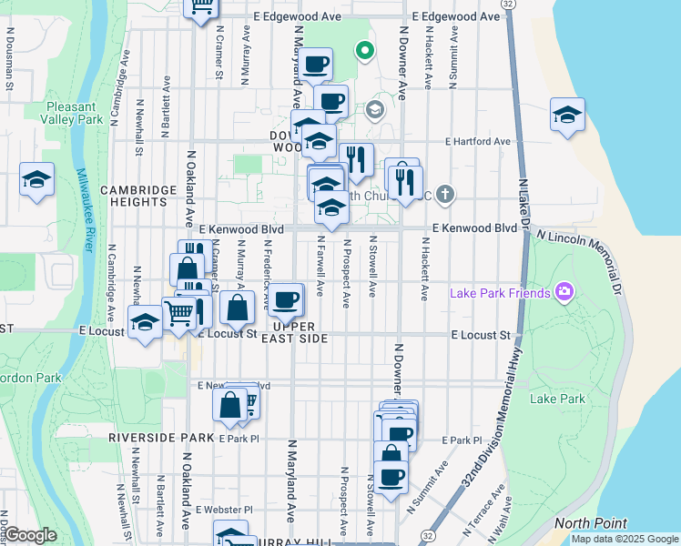 map of restaurants, bars, coffee shops, grocery stores, and more near 2971 North Prospect Avenue in Milwaukee