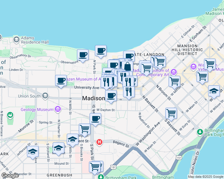 map of restaurants, bars, coffee shops, grocery stores, and more near 777 University Avenue in Madison