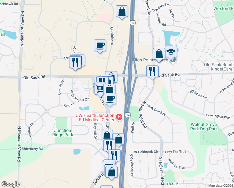 map of restaurants, bars, coffee shops, grocery stores, and more near 55 Junction Court in Madison