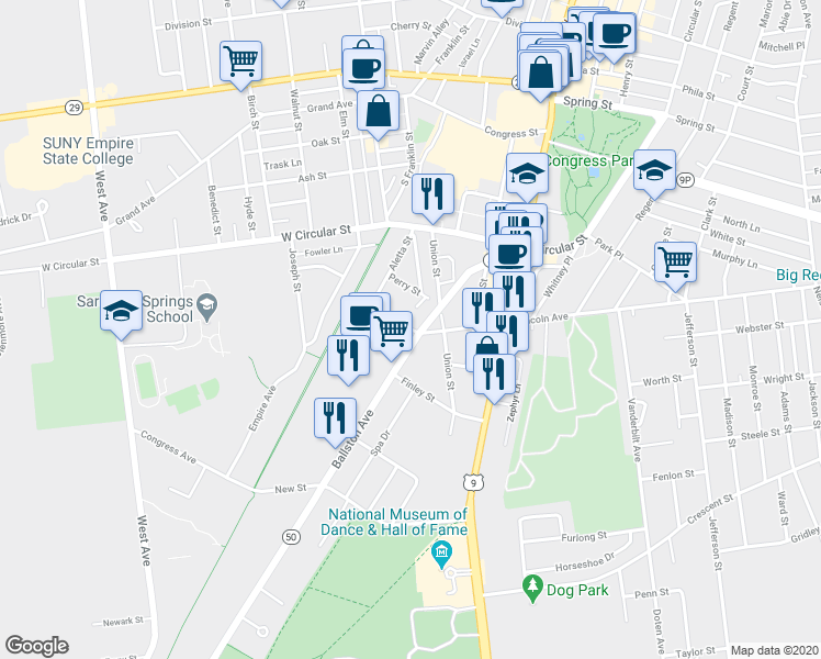 map of restaurants, bars, coffee shops, grocery stores, and more near 52 South Street in Saratoga Springs