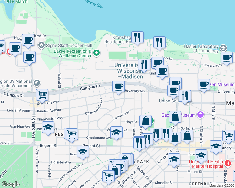 map of restaurants, bars, coffee shops, grocery stores, and more near 306 North Prospect Avenue in Madison