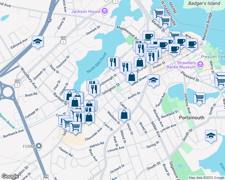 map of restaurants, bars, coffee shops, grocery stores, and more near 779 State Street in Portsmouth