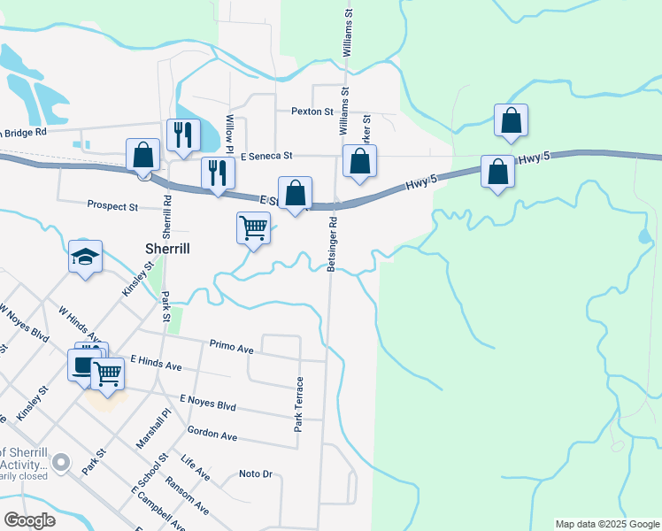 map of restaurants, bars, coffee shops, grocery stores, and more near 225 Betsinger Road in Sherrill