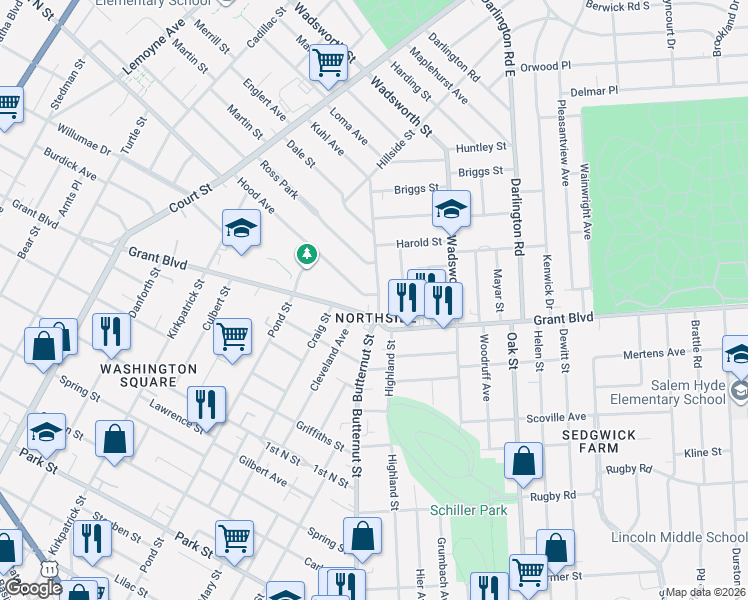 map of restaurants, bars, coffee shops, grocery stores, and more near 1429 Butternut Street in Syracuse