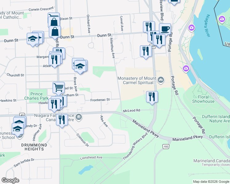 map of restaurants, bars, coffee shops, grocery stores, and more near 5785 Frontenac Street in Niagara Falls