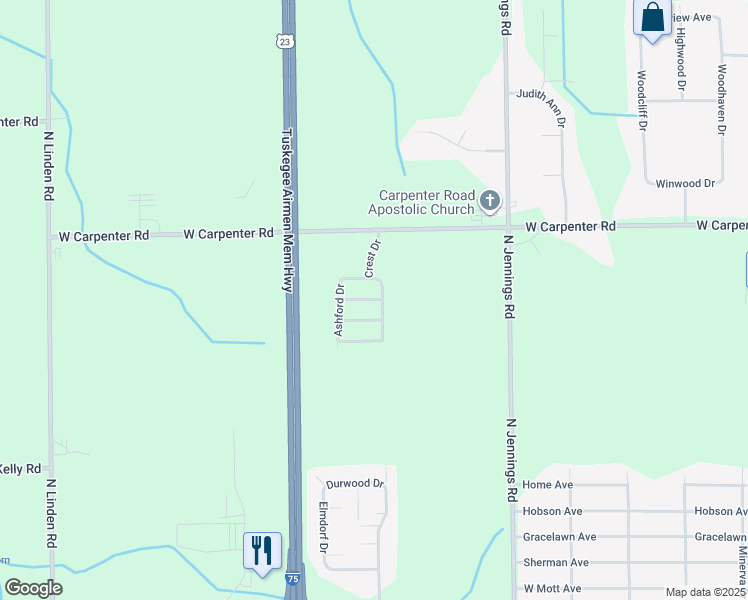 map of restaurants, bars, coffee shops, grocery stores, and more near 9 Birch Crest Drive in Flint