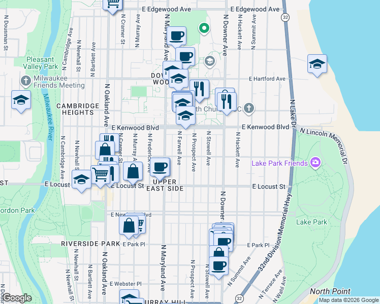 map of restaurants, bars, coffee shops, grocery stores, and more near 2971 North Prospect Avenue in Milwaukee
