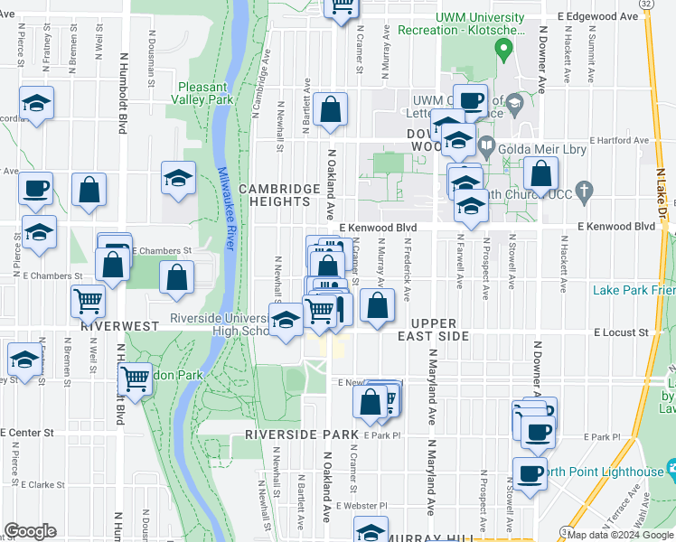 map of restaurants, bars, coffee shops, grocery stores, and more near 2967 North Oakland Avenue in Milwaukee