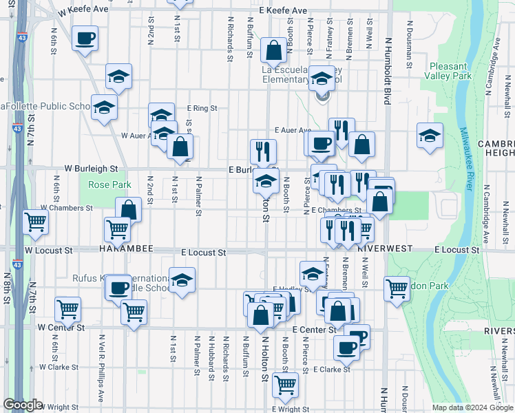 map of restaurants, bars, coffee shops, grocery stores, and more near 2962 North Buffum Street in Milwaukee