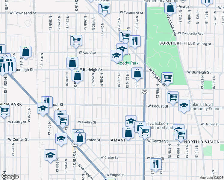 map of restaurants, bars, coffee shops, grocery stores, and more near 2944 North 24th Street in Milwaukee