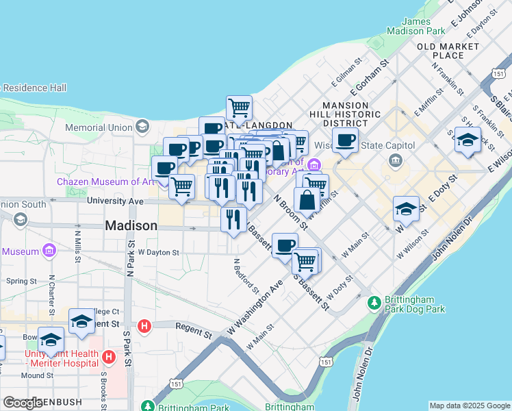 map of restaurants, bars, coffee shops, grocery stores, and more near 433 West Johnson Street in Madison