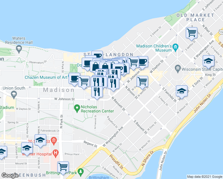 map of restaurants, bars, coffee shops, grocery stores, and more near 312 North Bassett Street in Madison