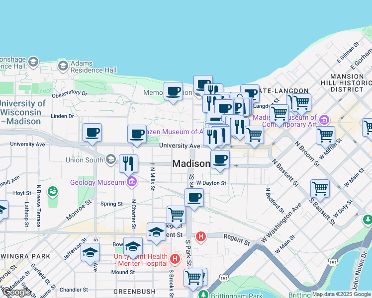 map of restaurants, bars, coffee shops, grocery stores, and more near in Madison
