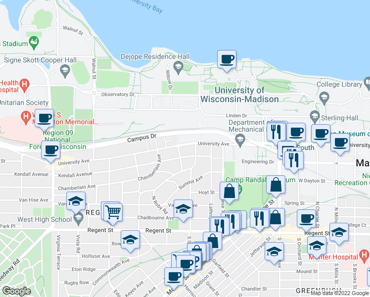 map of restaurants, bars, coffee shops, grocery stores, and more near 306 North Prospect Avenue in Madison