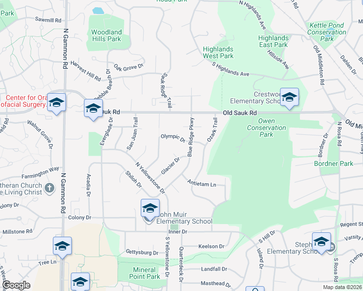 map of restaurants, bars, coffee shops, grocery stores, and more near 402 Blue Ridge Parkway in Madison