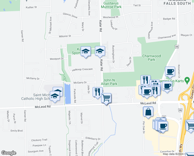 map of restaurants, bars, coffee shops, grocery stores, and more near 6960 Kelly Drive in Niagara Falls