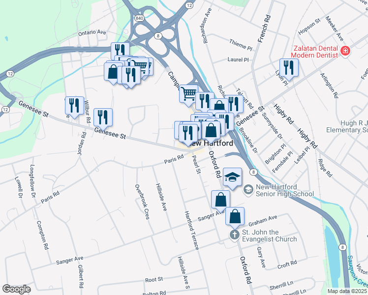 map of restaurants, bars, coffee shops, grocery stores, and more near 62-64 Genesee Street in New Hartford