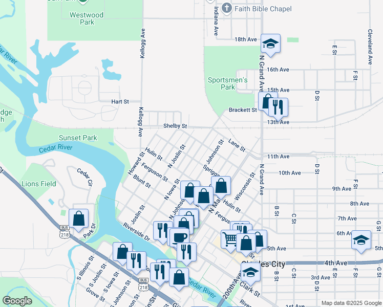 map of restaurants, bars, coffee shops, grocery stores, and more near 605 North Iowa Street in Charles City