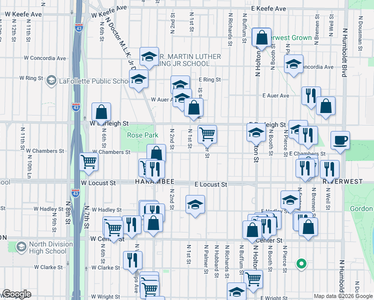 map of restaurants, bars, coffee shops, grocery stores, and more near 2962 North 1st Street in Milwaukee