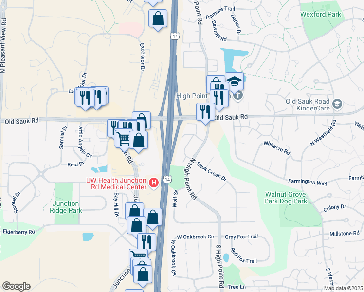 map of restaurants, bars, coffee shops, grocery stores, and more near 12 Sayner Court in Madison