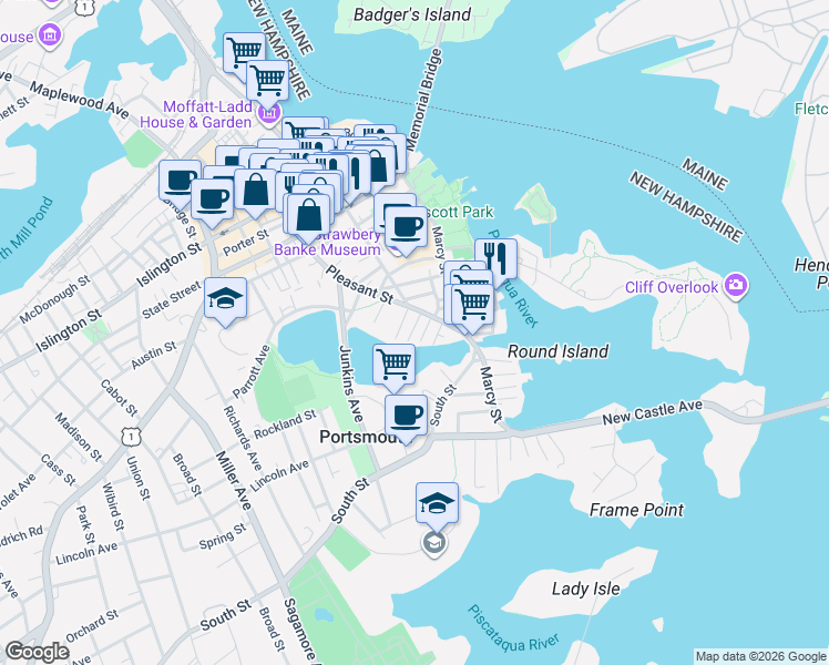 map of restaurants, bars, coffee shops, grocery stores, and more near in Portsmouth