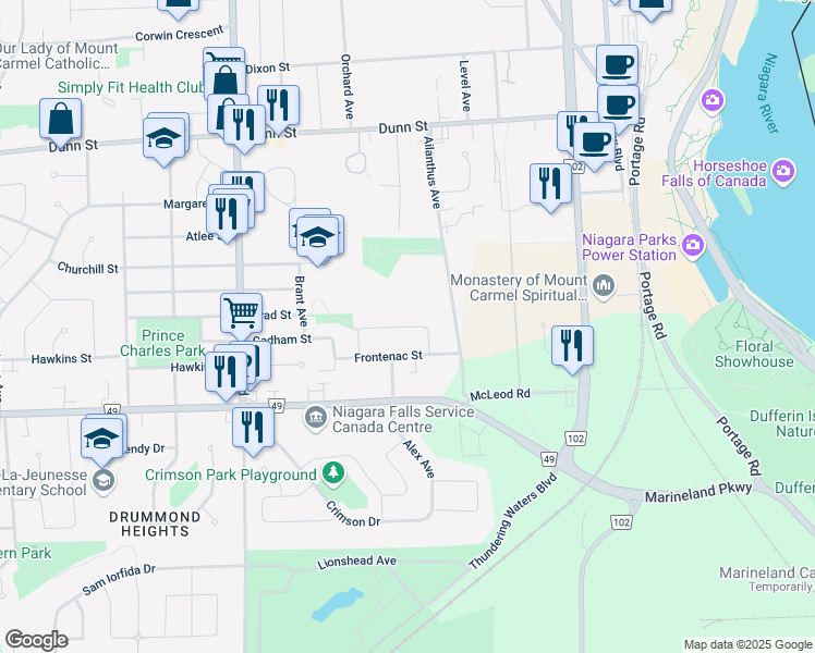 map of restaurants, bars, coffee shops, grocery stores, and more near Hennepin Crescent in Niagara Falls