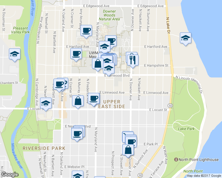 map of restaurants, bars, coffee shops, grocery stores, and more near 3013 North Prospect Avenue in Milwaukee