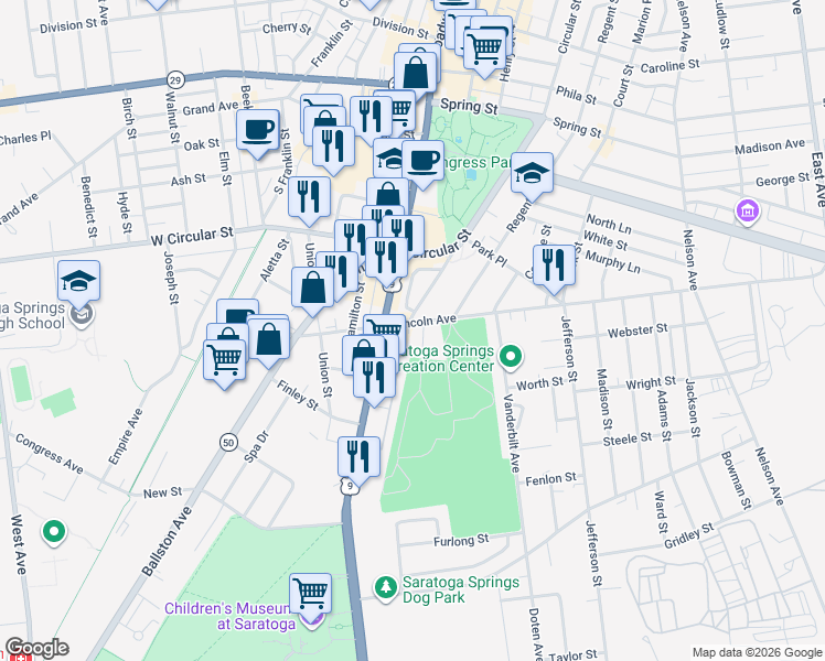 map of restaurants, bars, coffee shops, grocery stores, and more near 13 Green Ridge Place in Saratoga Springs
