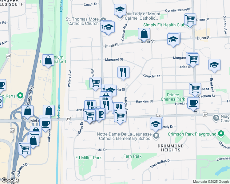 map of restaurants, bars, coffee shops, grocery stores, and more near 6810 Caledonia Street in Niagara Falls