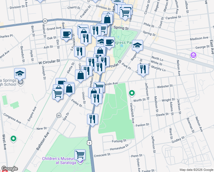map of restaurants, bars, coffee shops, grocery stores, and more near 13 Green Ridge Place in Saratoga Springs