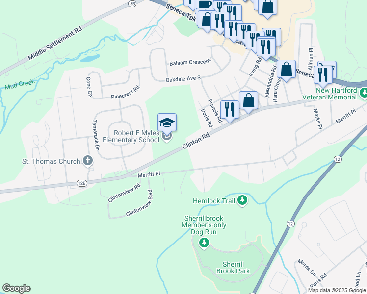 map of restaurants, bars, coffee shops, grocery stores, and more near 100 Clinton Road in New Hartford