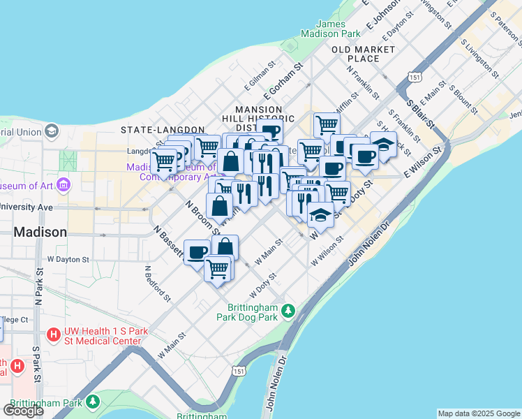 map of restaurants, bars, coffee shops, grocery stores, and more near 222 West Washington Avenue in Madison