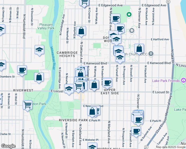 map of restaurants, bars, coffee shops, grocery stores, and more near 2966 North Cramer Street in Milwaukee