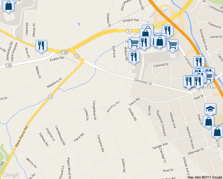 map of restaurants, bars, coffee shops, grocery stores, and more near 6 Hawthorne Road in New Hartford