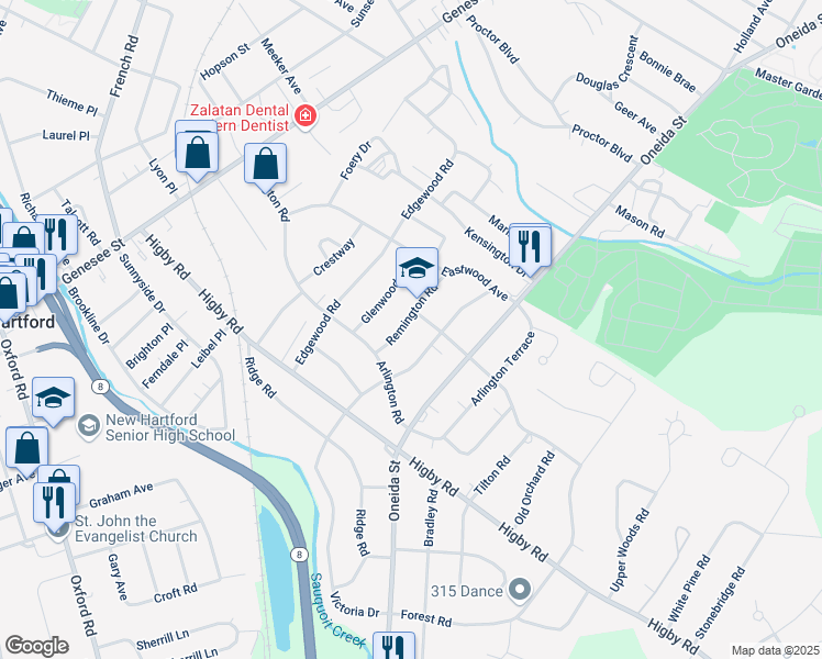 map of restaurants, bars, coffee shops, grocery stores, and more near 2636 Dunham Road in Utica