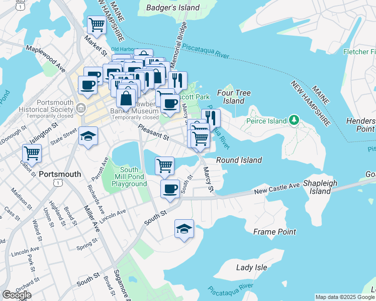 map of restaurants, bars, coffee shops, grocery stores, and more near 33 Johnson Court in Portsmouth