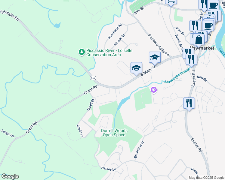 map of restaurants, bars, coffee shops, grocery stores, and more near 239 South Main Street in Newmarket