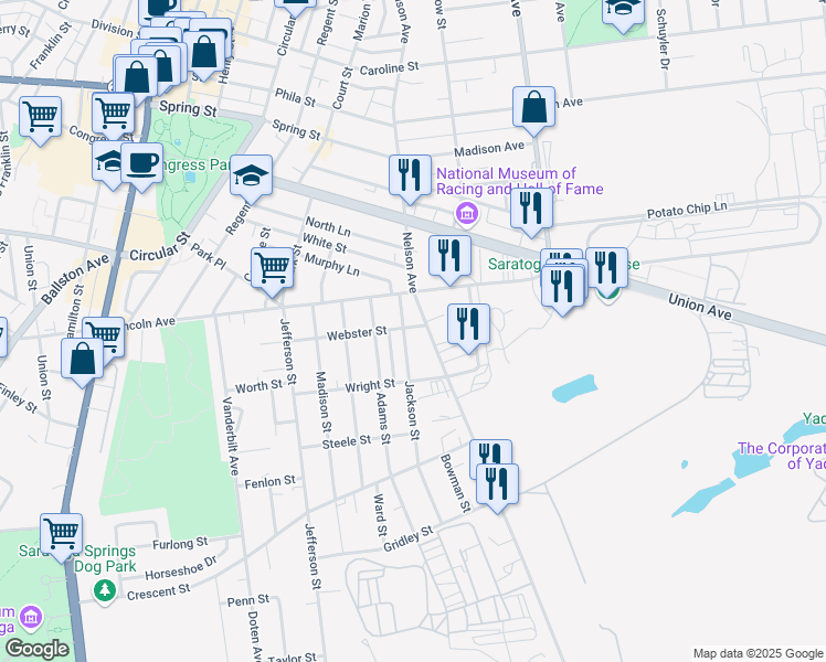 map of restaurants, bars, coffee shops, grocery stores, and more near 45 Jackson Street in Saratoga Springs