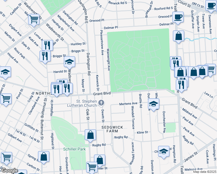 map of restaurants, bars, coffee shops, grocery stores, and more near 1207 Grant Boulevard in Syracuse