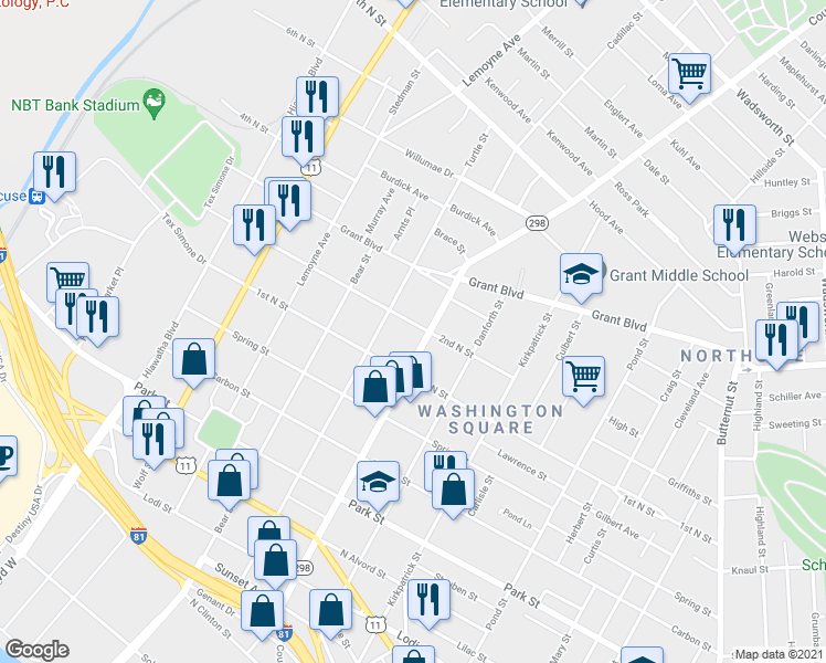 map of restaurants, bars, coffee shops, grocery stores, and more near 706 1/2 Court Street in Syracuse