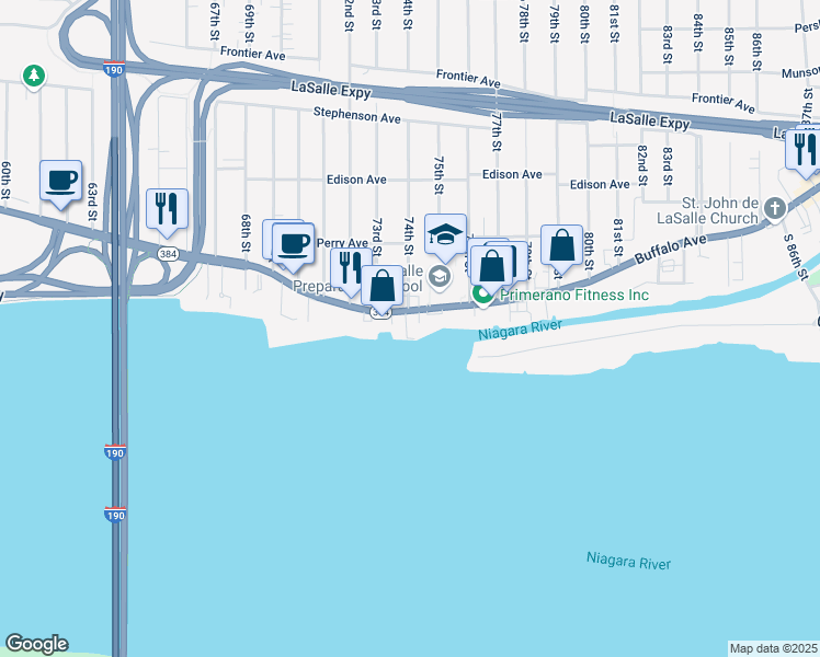 map of restaurants, bars, coffee shops, grocery stores, and more near 7315 Buffalo Avenue in Niagara Falls