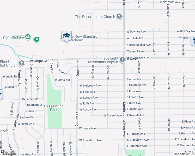 map of restaurants, bars, coffee shops, grocery stores, and more near 506 West Holbrook Avenue in Flint