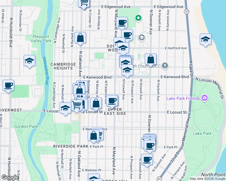 map of restaurants, bars, coffee shops, grocery stores, and more near 2971 North Maryland Avenue in Milwaukee